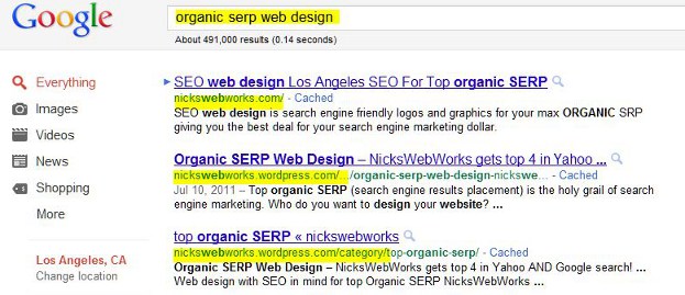 screen shot of Google search results shows nickswebworks at number 1, 2, 3 and 4th position proving Nickswebworks SEO web design gets top search engine results placement