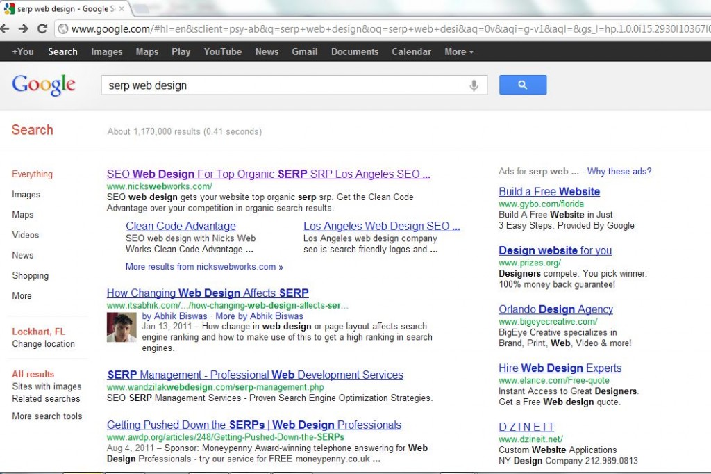 screen shot of Google Search Engine Results Placement (SERP) showing Nickswebworks at the number 1 spot